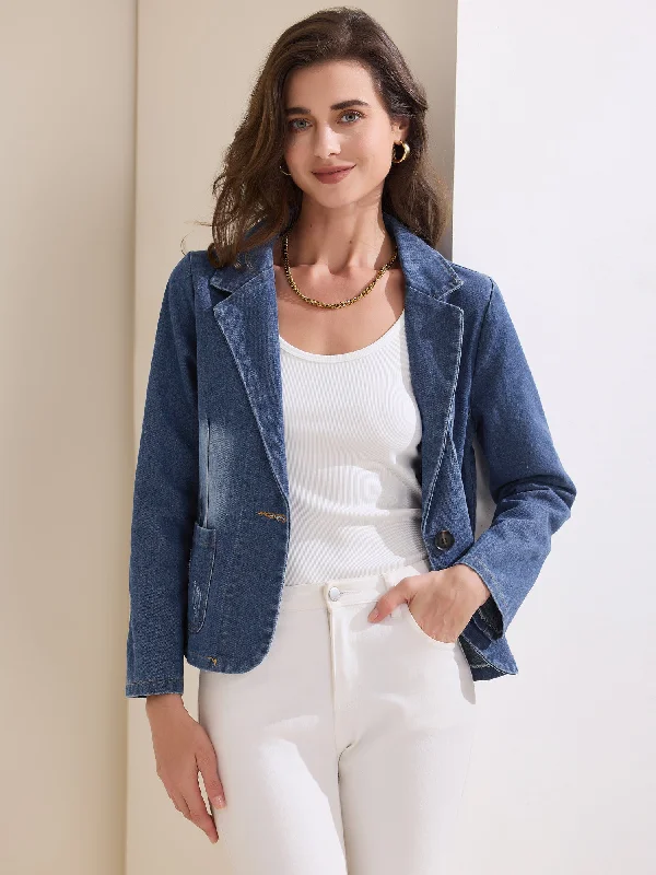 Denim Casaul Notched Lapel Washed Jean Jackets Blazer Zip Front Button Front Snap Front Zip Front Button Front Snap Front