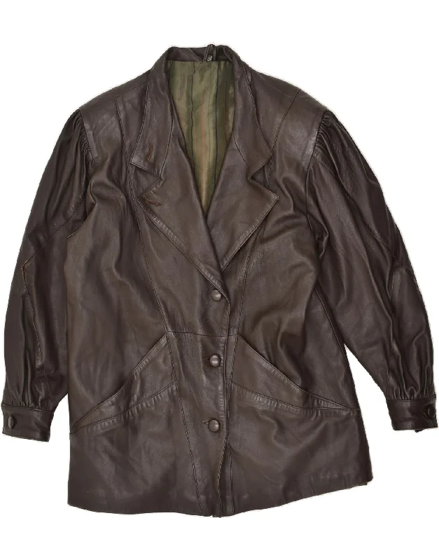 VINTAGE Womens Oversized Leather Coat IT 44 Medium Brown Leather Peter Pan Collar Cowl Neck Turtleneck