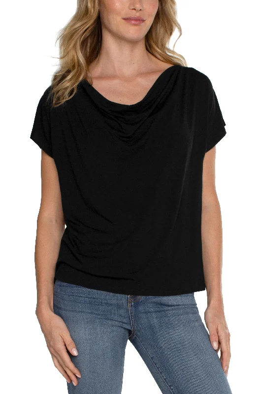 Liverpool Short Sleeve Draped Cowl Neck Knit Top (Black) Boutique Knit Tee