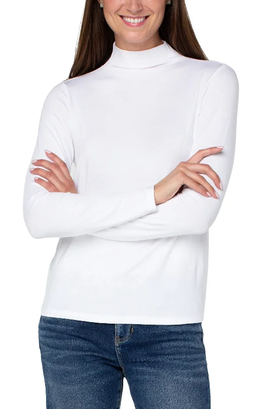 Liverpool Mock Neck Long Sleeve Knit Top (White) Chic Knit Top