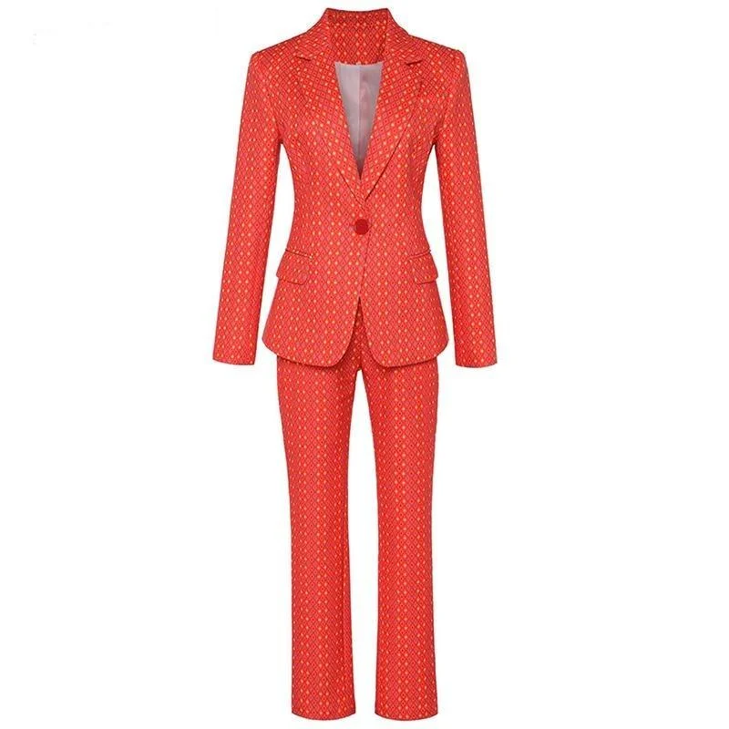 Coral Print Blazer Pants Suits Women's Simple Blazer