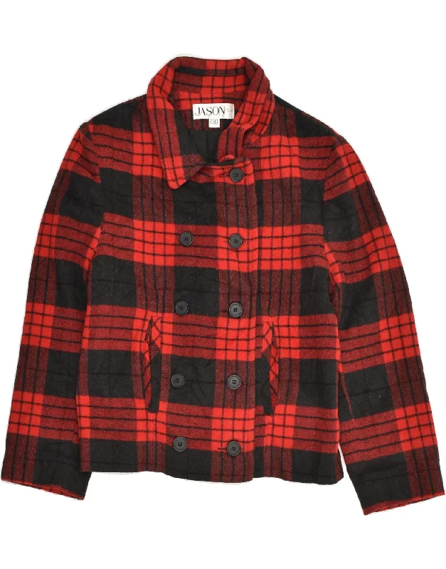 VINTAGE Womens Pea Coat UK 12 Medium Red Check Acrylic Asymmetrical Collar Hooded Zippered VINTAGE Womens Pea Coat UK 12 Medium Red Check Acrylic Asymmetrical Collar Hooded Zippered