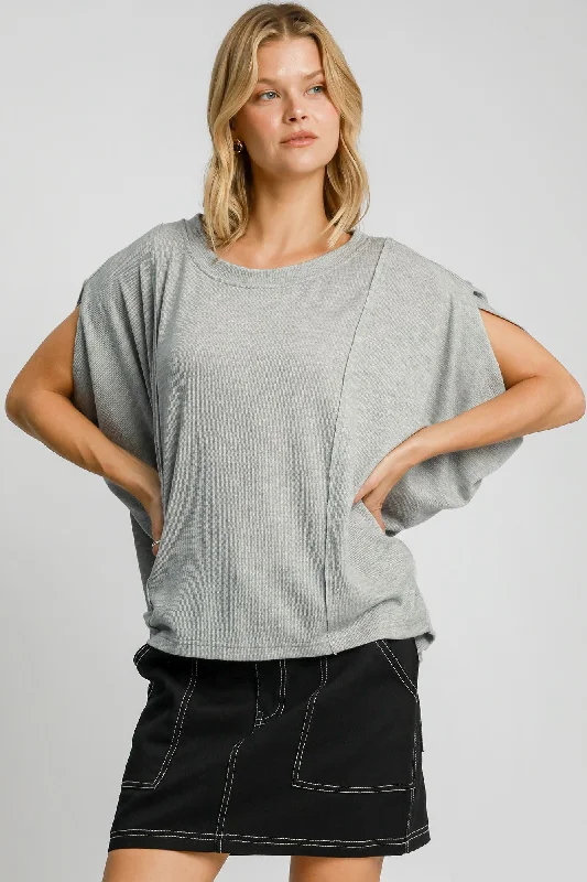 Umgee Exposed Seam Round Neck Batwing Sleeve Knit Top Classic Knit Tee