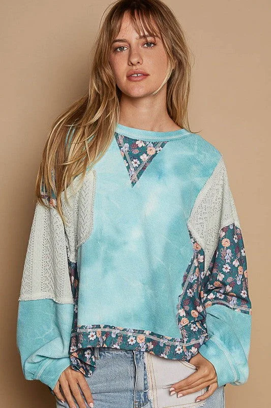 POL Floral Patchwork Round Neck Knit Top - Teal Vintage Knit Top