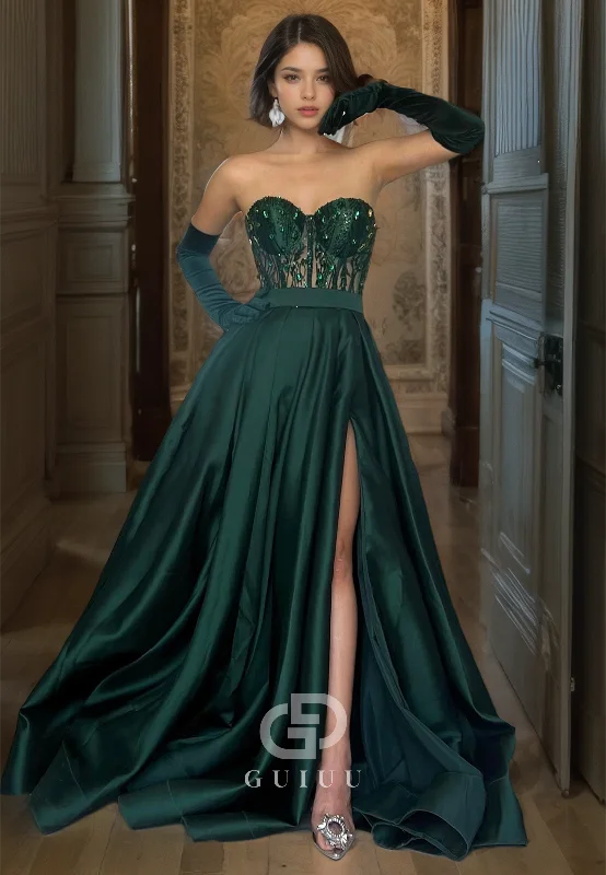 Pleated Sexy Sweetheart Prom Dress Dark Green Crystal Evening Dress with High Slit Tunics Canvas sturdy