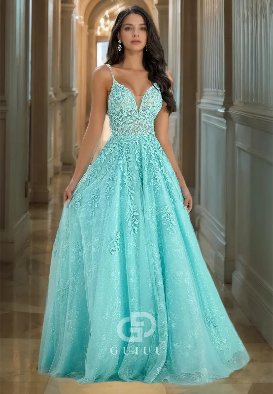 Sexy Plunging Illusion Prom Dress with Spaghetti Straps and Lace Appliqued Spa Party Dress Tunics Luxurious high-end