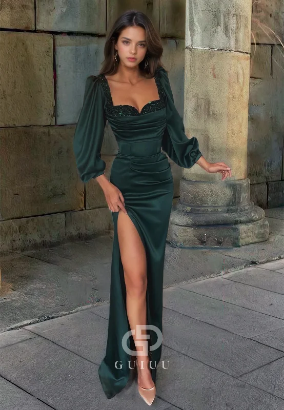 Draped Sequined Prom Dress with Long Sleeves and High Slit Dark Green Formal Evening Dress Tunics Recommended stylist