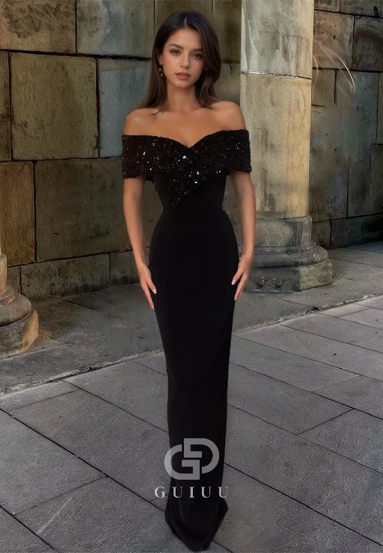 Off-Shoulder Simple Prom Dress Slim Black Evening Dress with Sequins Tunics Silk luxurious