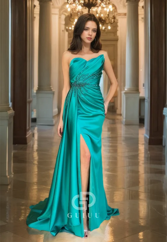 Jade Draped Trumpet Prom Dress Beaded Simple & Casual Strapless Evening Dress with Sweep Train Tunics Luxurious premium