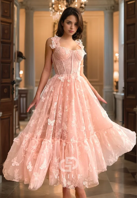 A Line Cute Butterfly Lace Pink Prom Party Dress Tea Length Cowl Neckline Elegant