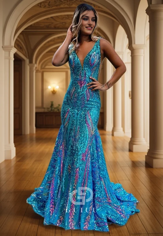 G2329 - Sexy/Hot Lace V-Neck Sequins Prom Dress Sweep Train Formal Open Back Evening Dress Cowl Neckline Elegant