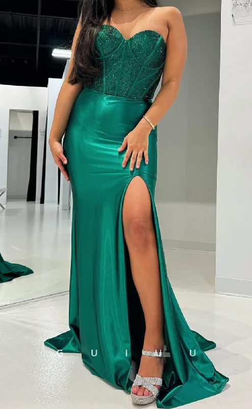 G3738 - Sheath Strapless Sleeveless Beaded Long Prom Party Dress with Slit and Train Tunics Winter warm