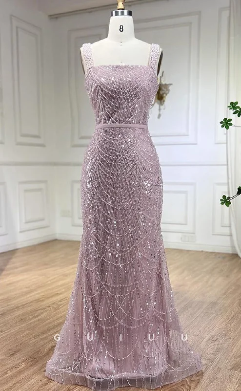 G3804 -Mermaid Square Straps Sleeveless Fully Beaded Back Zipper Long Prom Evening Dress Turtleneck Warm Winter