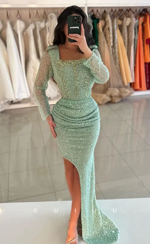 G4038 - Mermaid Square Neck Long Sleeves Fully Sequined Pleated Long Prom Party Dress with Train Pleated Skirt Elegant