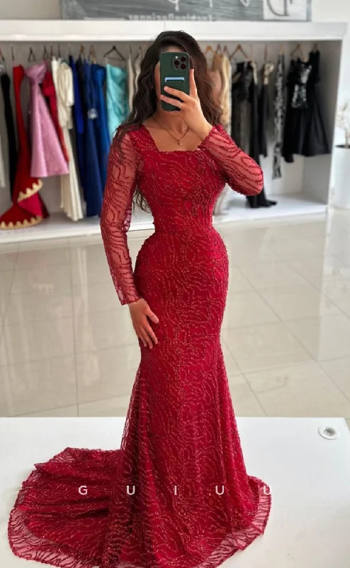 G4187 - Mermaid Square Long Sleeves Fully Sequined Beaded Tulle Long Prom Party Dress with Train Tunics Running lightweight