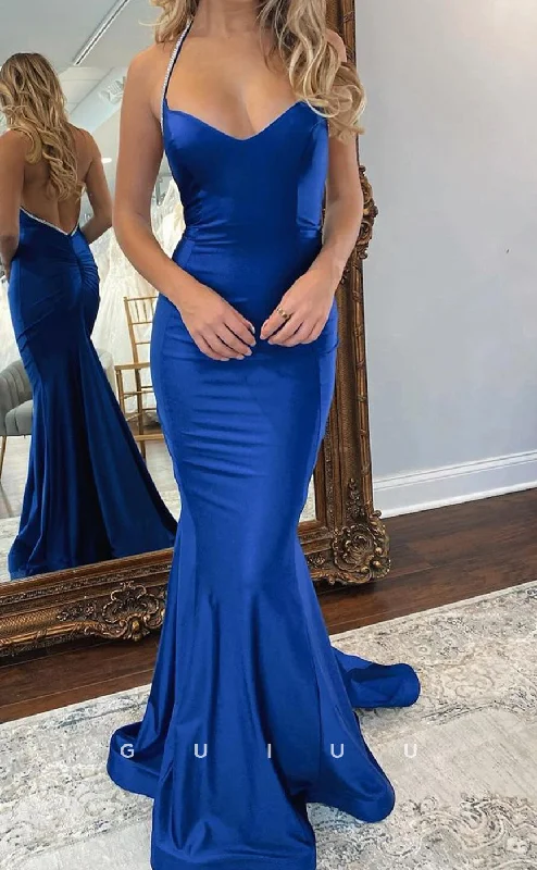 G4191 -  Mermaid Strapless Halter Stain Dark Blue Backless Long Prom Party Dress with Train Tunics Gym athletic