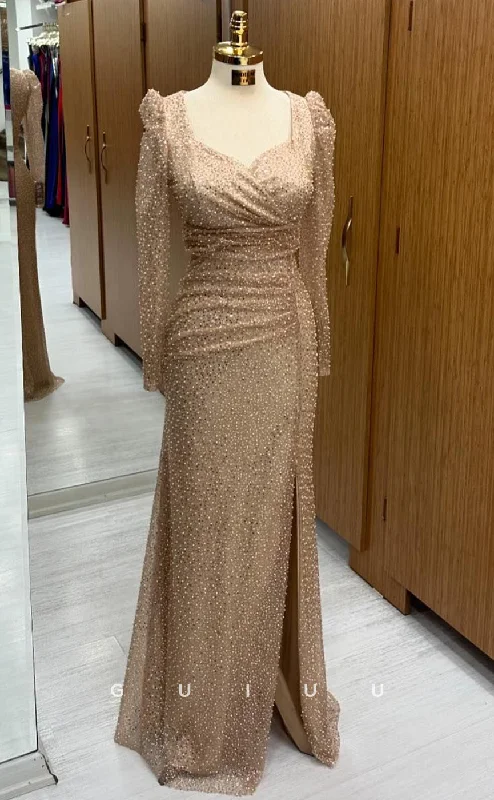 G4226 - Mermaid Sweetheart Neck Long Sleeves Fully Beaded Ruched Pleated Sweep Legth Prom Party Dress Tunics Ceremony elegant G4226 - Mermaid Sweetheart Neck Long Sleeves Fully Beaded Ruched Pleated Sweep Legth Prom Party Dress Tunics Ceremony elegant