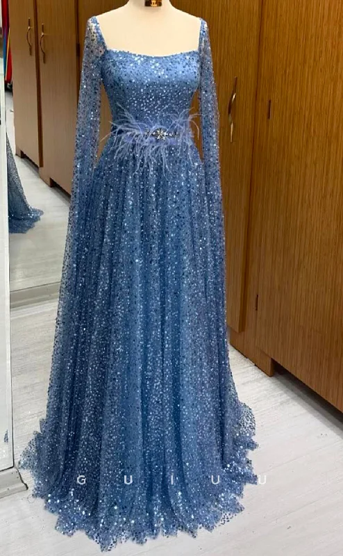 G4371 - A-Line Square Neck Long Sleeves Fully Sequined Long Prom Party Dress with Feather Pencil Length Work