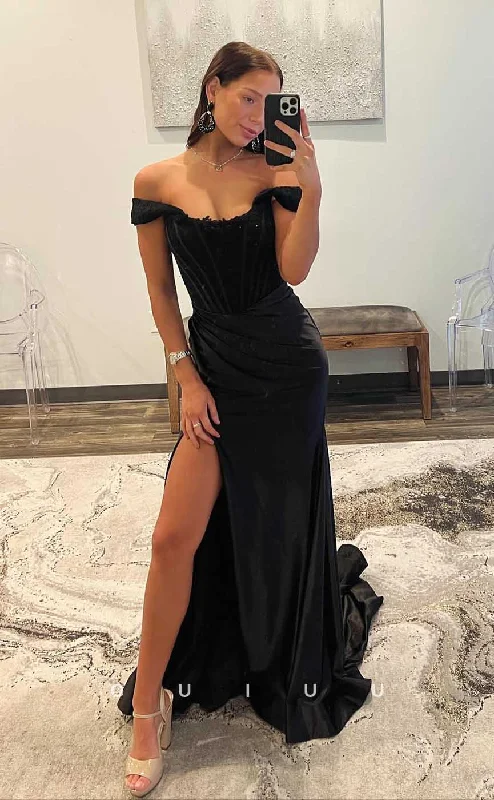 G4394 - Classic & Timeless Black Column Sweep Open Back Draped  Prom  Party Dress with Slit Peplum Ruffle Cocktail