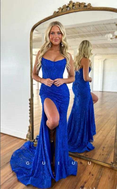 G4399 - Sexy & Hot Column/Mermaid Illusion Allover Applique Shiny Sweep Prom Party Dress with Slit Tunics Gym athletic