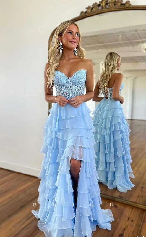 G4403 - Chic & Cute A-Line V Neck Illusion Pleats Chiffon Tiered Open Back Prom Evening Dress with Slit Boatneck Modish Everyday