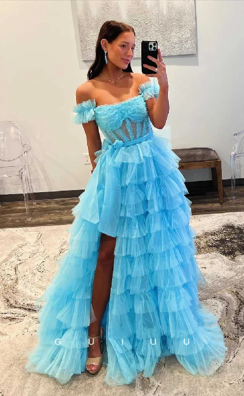 G4404 - Chic & Modern A-Line Off Shoulder Lace Tiered Illsion Lace Op Prom Party Dress with Slit Halter Neckline Beach