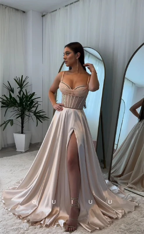 G4411 - Classic&Modern A-Line Stain Strapless Straps Pleats Formal Prom Evening Dress with Slit Tunics Hiking breathable