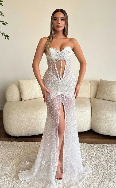 G4415 - Sexy & Hot Column Mermaid Strapless Crystal Sleeveless Prom Party Dress with Slit empire Waist empire