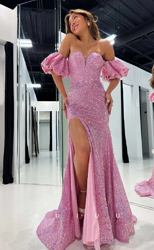 G4441 - Chic & Modern Pink Column Off-Shoulder Allover Beaded Long Prom Party Dresss with Slit Satin Halter Glamorous