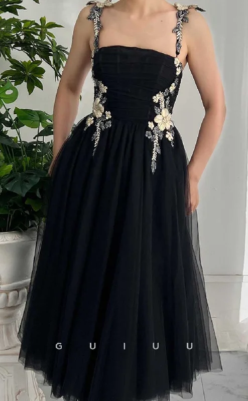 G4448 - Classic & Chic A-Line Tulle Square Appliques Lace-Up Prom Party Dress with Special Straps Boatneck Modish Everyday