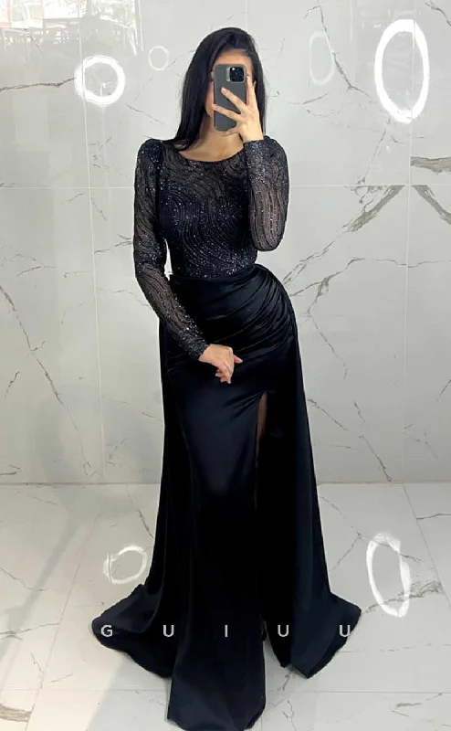 G4517 - Elegant & Luxurious Column Round Long SLeeves Black Ruched High Side Slit Sweep-Length Prom Evening Dress Tunics Sophisticated sleek G4517 - Elegant & Luxurious Column Round Long SLeeves Black Ruched High Side Slit Sweep-Length Prom Evening Dress Tunics Sophisticated sleek