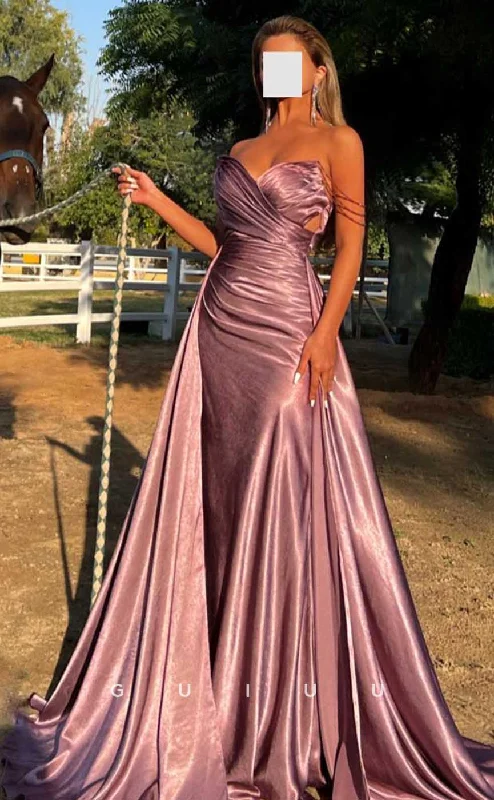 G4523 - Elegant Mermaid Sheath Strapless Sleeveless Pink Stain Pleats Prom Party Dress with Train Tunics Business professional