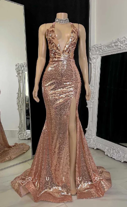 G4560 - Chic & Modern Sheath Deep V Neck Halter Appliques and Sequined Crisss-Cross Up Prom Party Dress with Slit and Train Tunics Practical durable G4560 - Chic & Modern Sheath Deep V Neck Halter Appliques and Sequined Crisss-Cross Up Prom Party Dress with Slit and Train Tunics Practical durable
