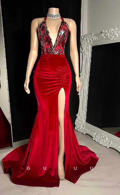 G4563 - Sheath Mermaid Deep V Neck Halter Sequined Red Velet Pleats Prom Party Dress with Slit and Train Tunics Timeless classic G4563 - Sheath Mermaid Deep V Neck Halter Sequined Red Velet Pleats Prom Party Dress with Slit and Train Tunics Timeless classic