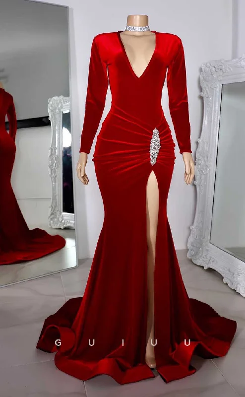 G4571 - Sexy & Hot Mermaid V Neck Long Sleeves Red Velvet Pleats High Side Slit Prom Evening Dress with Train Tunics Seasonal trendy G4571 - Sexy & Hot Mermaid V Neck Long Sleeves Red Velvet Pleats High Side Slit Prom Evening Dress with Train Tunics Seasonal trendy