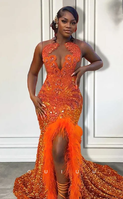 G4581 - Sexy & Hot Mermaid V Neck Sleeveless Orange Fully Sequined Feather Slit and Court Train Prom Party Dress for Black Girl Slay Chiffon Maxi Beach