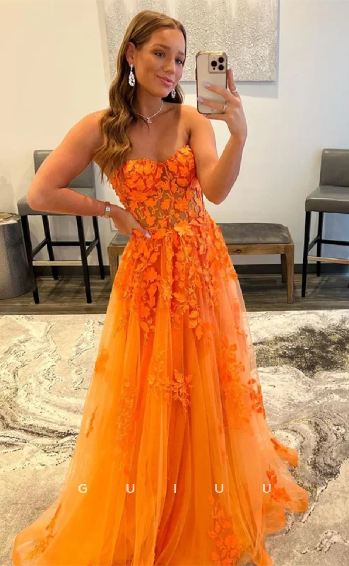 G4632 - Chic & Modern A-Line Strapless Sleeveless Aplliuques Tulle Long Prom Party Dress Tunics Essential wardrobe G4632 - Chic & Modern A-Line Strapless Sleeveless Aplliuques Tulle Long Prom Party Dress Tunics Essential wardrobe
