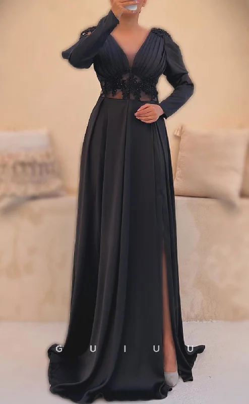 G4710 - A-Line V Neck Long Sleeves Beaded Formal Evening Dress with Slit Tunics Chic elegant