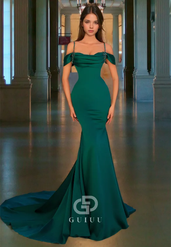 Mermaid Pleated Dark Green Prom Dress Sweep Train Evening Dress with Beads Turtleneck Neckline Stylish