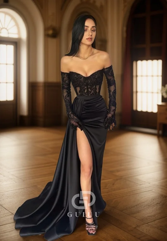 G2386 - Sexy Off-Shoulder Sheer Pleats Prom Evening Dress With Slit Off-the-shoulder Chic Trendy