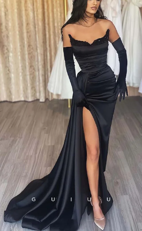 G2388 - Sexy Sheath Black Satin Pleats Prom Evening Dress Turtleneck Neckline Stylish