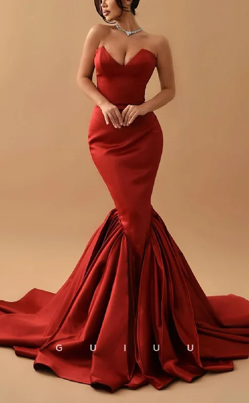 G2520 - Sexy Hot Sweetheart Burgundy Satin Mermaid Long Prom Evening Dress Lace Sexy Club