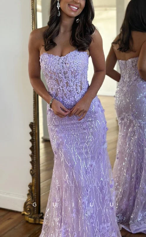 G2523 - Elegant & Luxurious Strapless Sheer Lace Applique Long Prom Evening Dress empire Waist empire