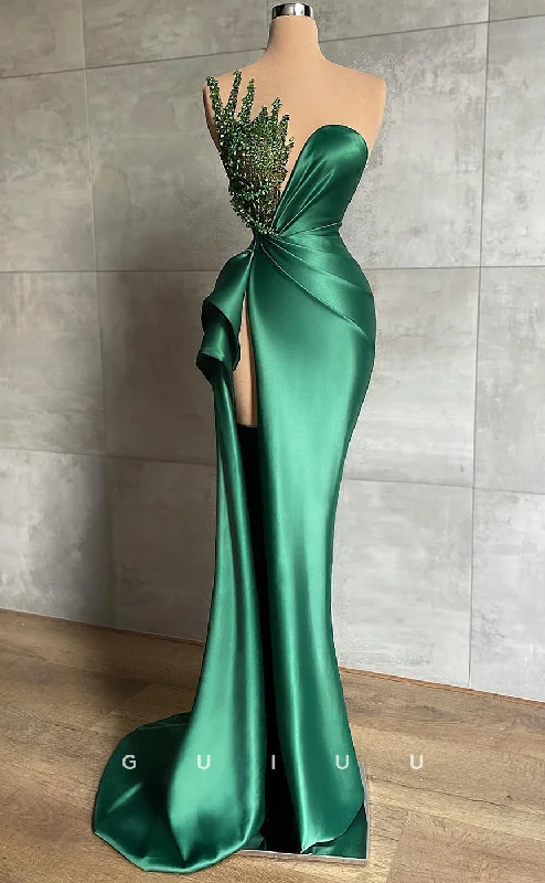 G2572 - Chic & Modern Beaded Strapless Ruched Long Prom Evening Dresses With Slit sweetheart Neckline Romantic