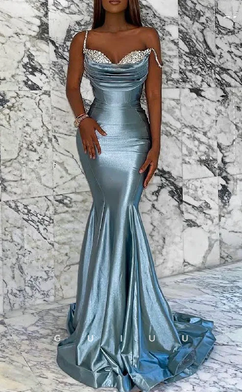 G2618 - Chic & Modern Mernaid Beaded Straps Ruched Prom Evening Party Dress Tunics Sophisticated sleek