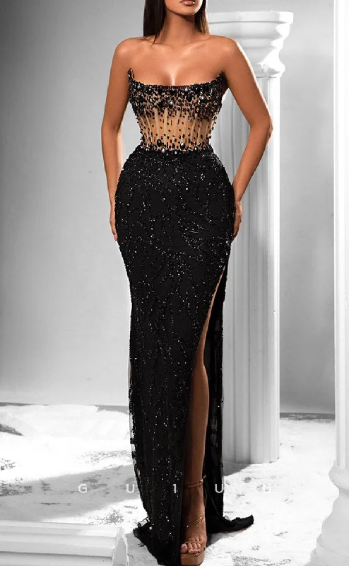 G2665 - Sexy & Fitted Black Strapless Beaded Sheer Long Prom Evening Party Dress Tunics Fashionable trendy