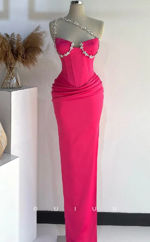 G2720 - Chic & Modern Beaded Straps Ruched Hot Pink Long Porm Evening Dress Tunics Print Colorful