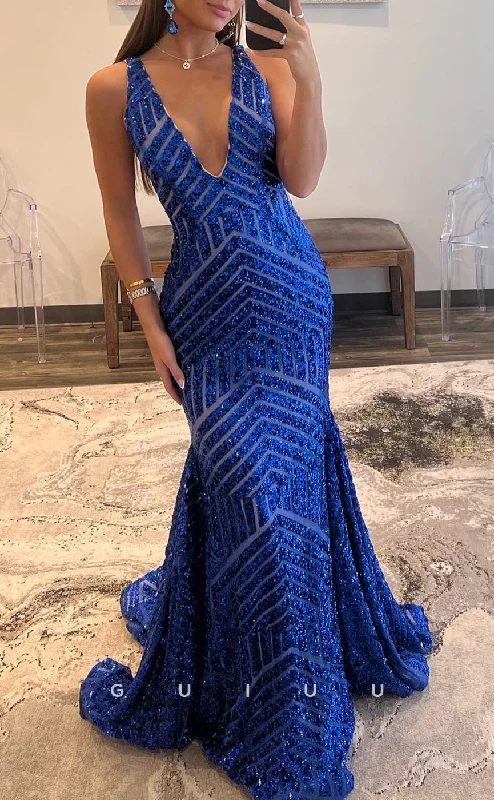 G2781 - Chic & Modern V-Neck Mermaid Sequins Blue Long Prom Evening Dress Tunics Sale discount