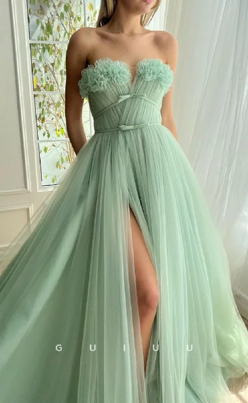 G2788 - Chic & Modern A-Line Strapless Tulle Floral Embossed Long Prom Evening Dress Tunics Designer luxury