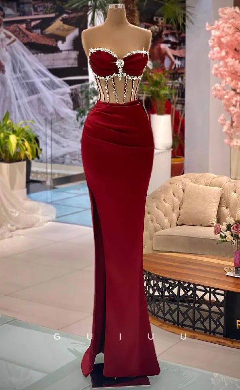 G2796 - Sexy & Sheath Sweetheart Beaded Illusion Burgundy Long Prom Evening Dress Tunics Top Casual